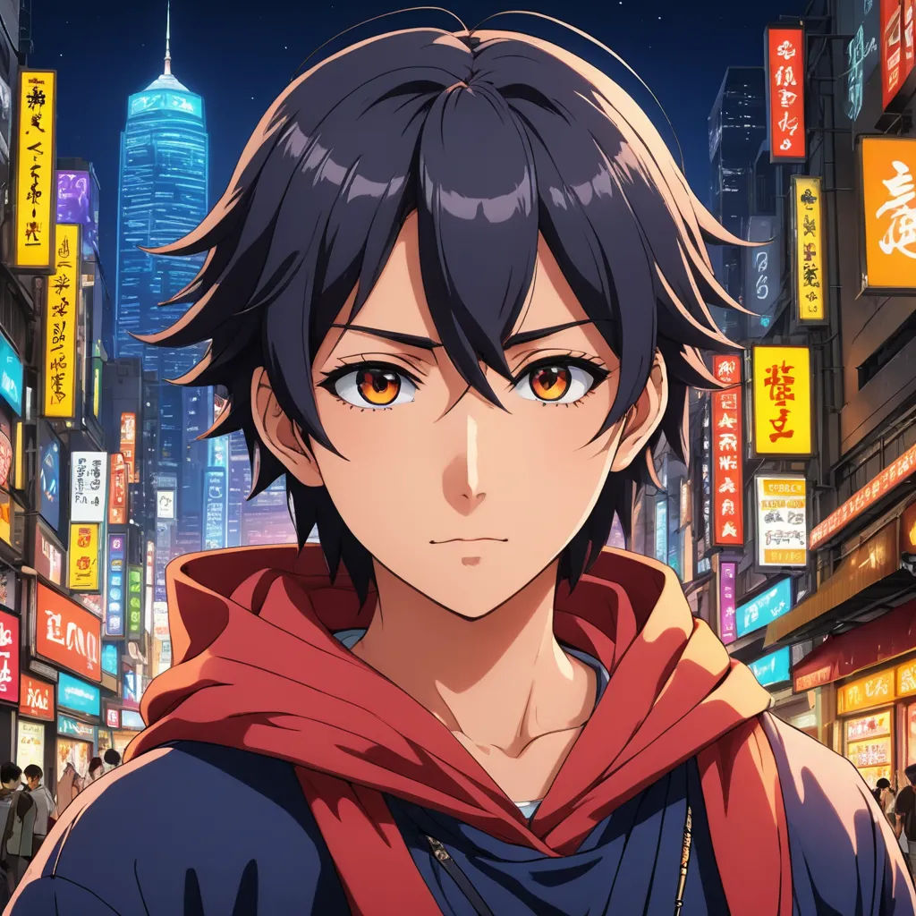 a man in a red hoodie standing in a city at night with a cityscape in the background, serial art, a character portrait, Ai-Mitsu, anime key visual