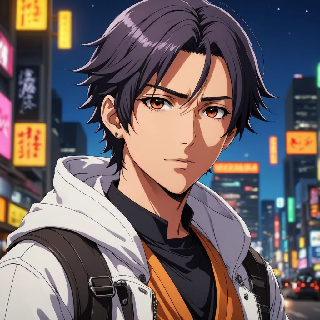 a man with black hair and a backpack in a city at night with neon lights and signs in the background, serial art, a character portrait, Adam Manyoki, official art