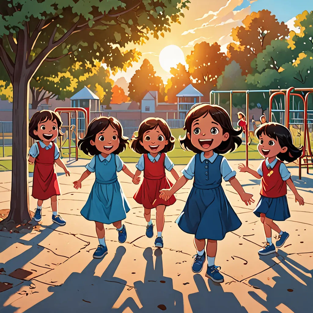 a group of children standing in a park next to a tree and a playground with a swing set in the background, danube school, a storybook illustration, Ella Guru, official art