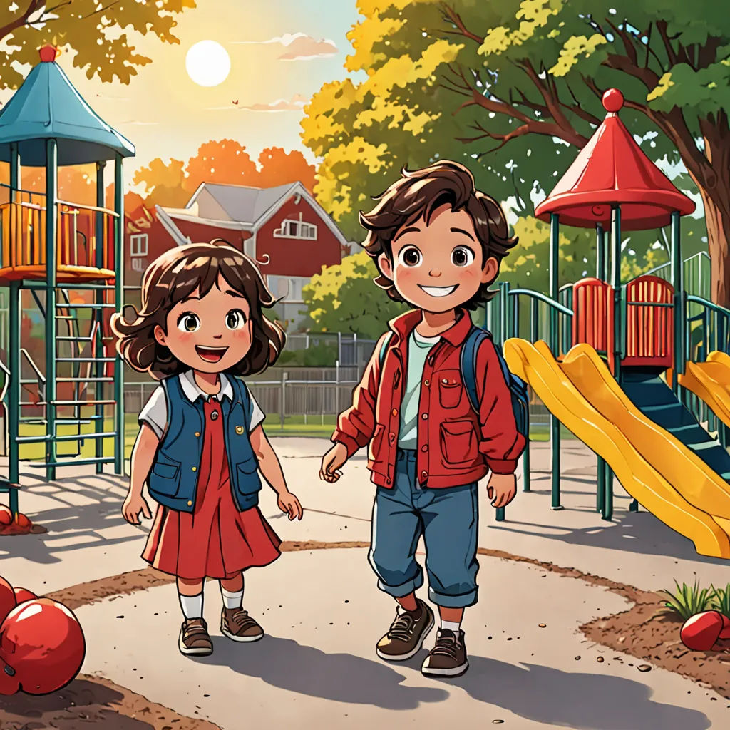 a couple of kids walking down a path near a playground area with a slide and a play structure in the background, vancouver school, a storybook illustration, David Park, official art