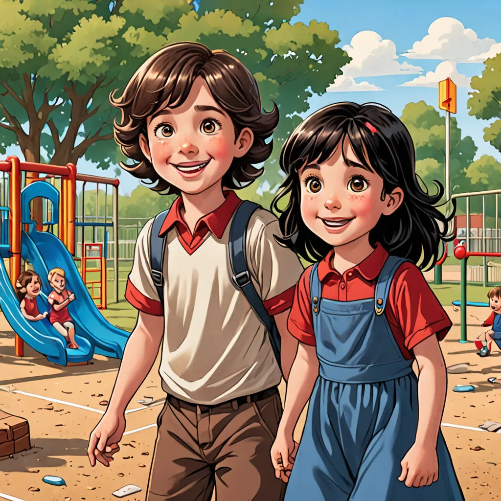 a couple of kids standing next to each other in a park with a playground in the background and a playground slide in the background, paris school, a storybook illustration, Bob Byerley, storybook illustration