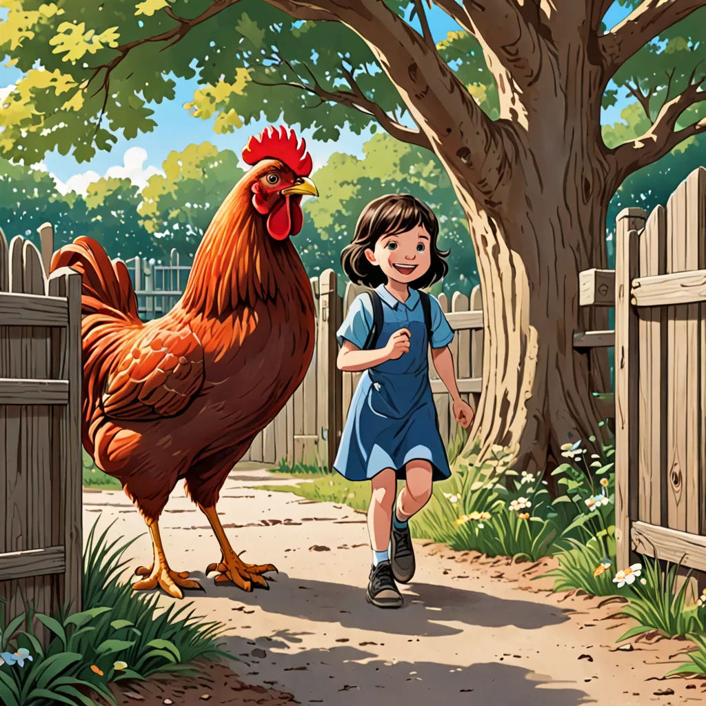 a girl is walking down a path with a rooster on her back and a tree in the background with a fence, american scene painting, a storybook illustration, Chris LaBrooy, storybook illustration