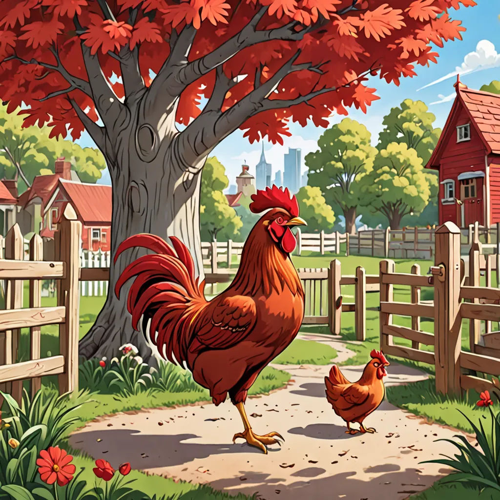 a rooster and a chicken walking down a path in a farm yard with a tree and a red barn, american scene painting, a storybook illustration, Chris LaBrooy, storybook illustration