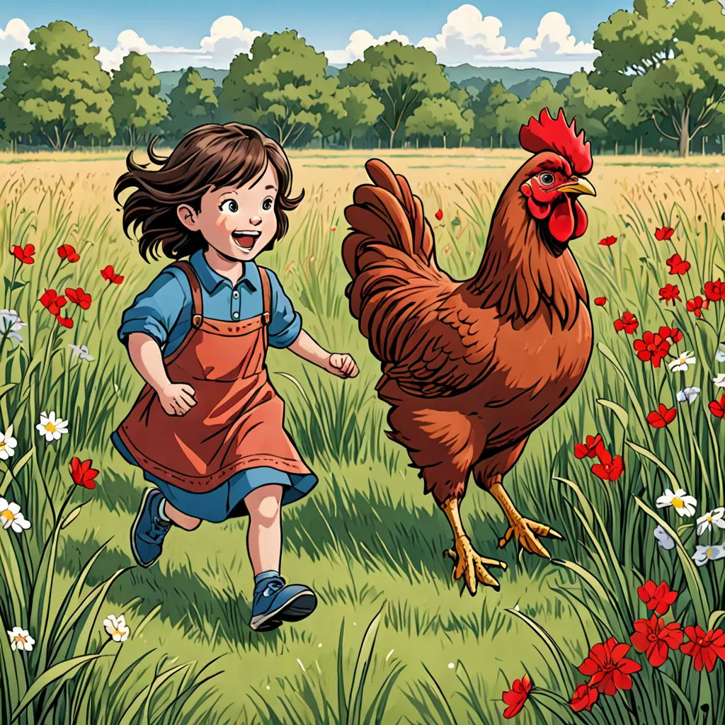 a little girl is running through a field with a chicken in her hand and a red rooster in the background, lyco art, a storybook illustration, Diego Gisbert Llorens, storybook illustration