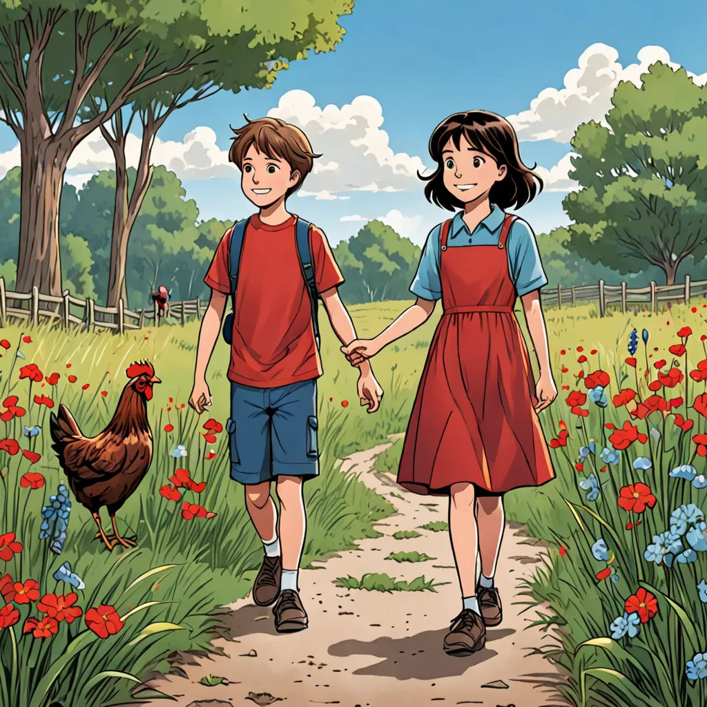 a boy and a girl are walking down a path holding hands and holding hands with a chicken in the background, environmental art, a comic book panel, Asaf Hanuka, official art