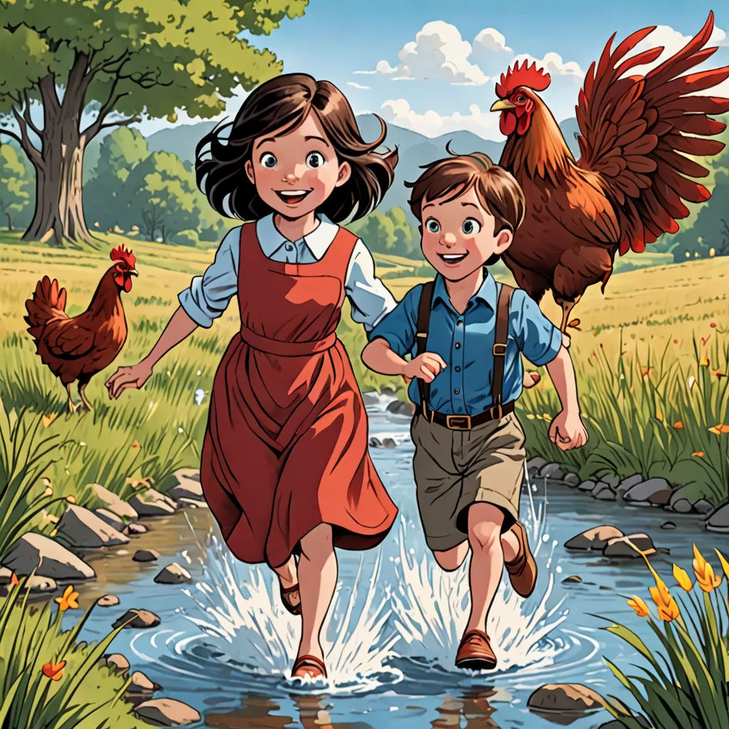 a boy and girl running through a stream with a rooster on their back and a chicken on their shoulder, lyco art, a storybook illustration, Brothers Hildebrandt, comic cover art
