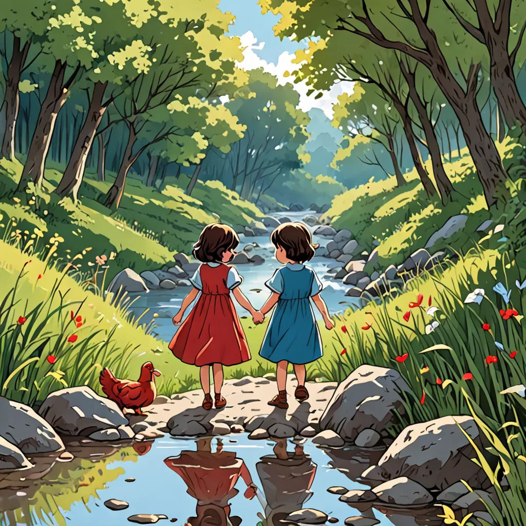 two little girls are walking down a path by a stream holding hands and looking at a chicken in the water, environmental art, a storybook illustration, Dan Mumford, official art