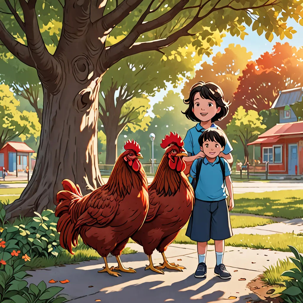 a little boy standing next to a little girl near a tree and chickens in a park area with a house in the background, vancouver school, a storybook illustration, Chris LaBrooy, promotional image