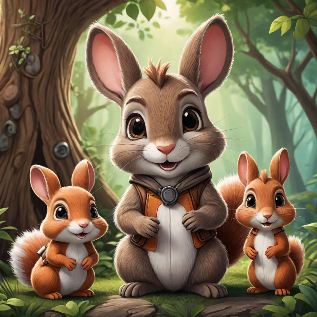 a rabbit and two rabbits in a forest with a tree in the background and a forest scene with a tree and a forest with a few leaves, furry art, a character portrait, Chris LaBrooy, key art