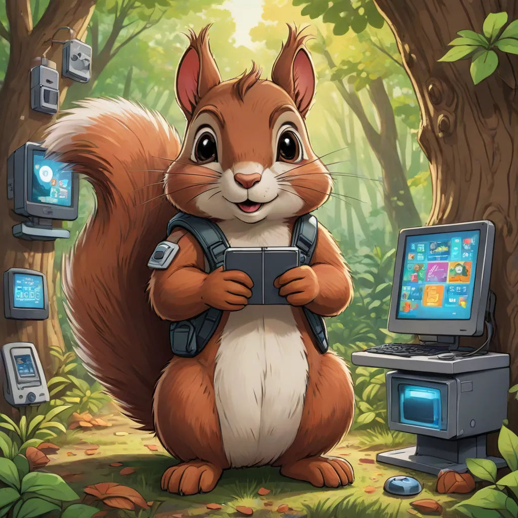 a squirrel holding a tablet in a forest with a computer on the ground and a monitor on the ground, altermodern, computer graphics, Chris LaBrooy, hearthstone