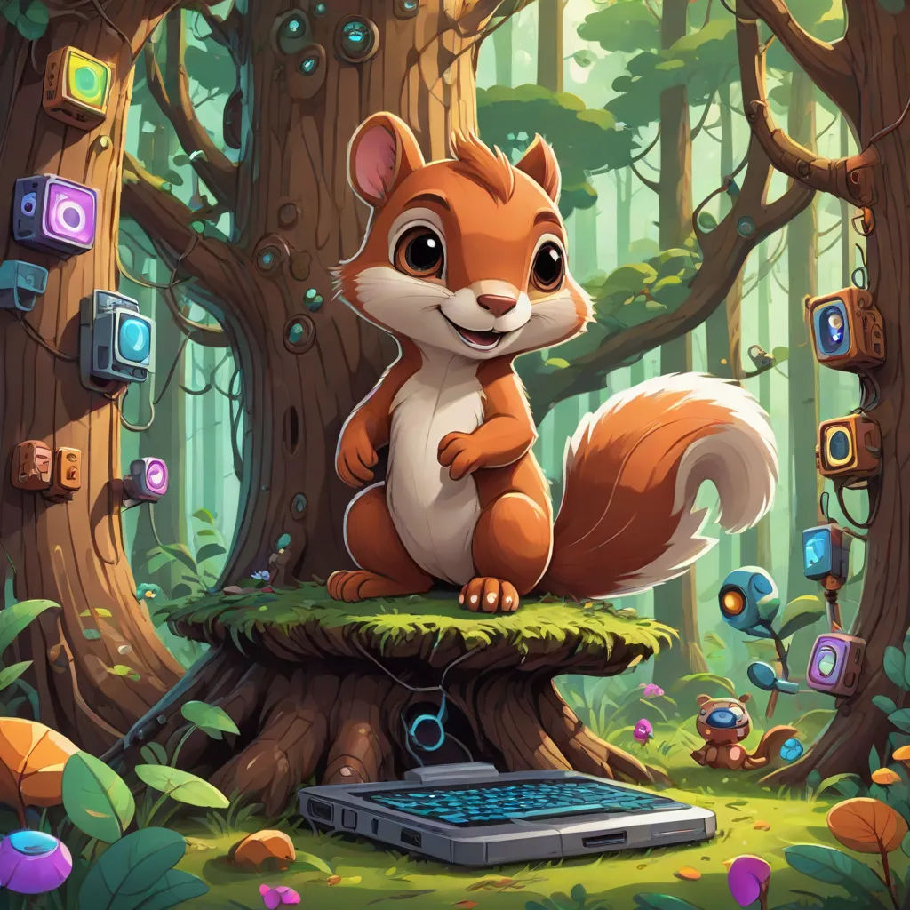 a squirrel sitting on a tree stump with a laptop in the forest behind it, surrounded by speakers and a tree, computer art, computer graphics, Chris LaBrooy, 2 d game art