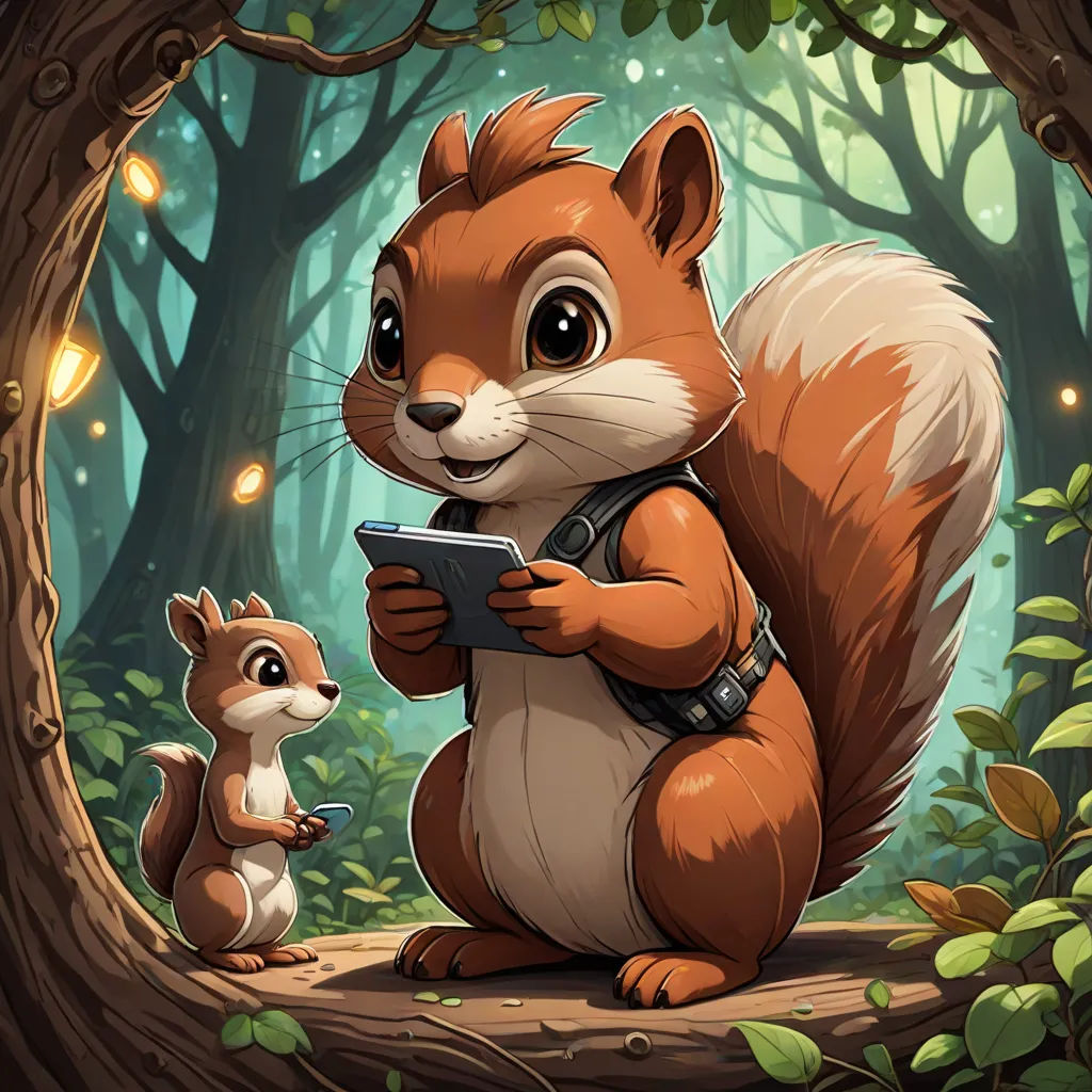 a squirrel and a squirrelling are in the woods looking at a tablet computer screen and playing games together, altermodern, a character portrait, Chris LaBrooy, official art