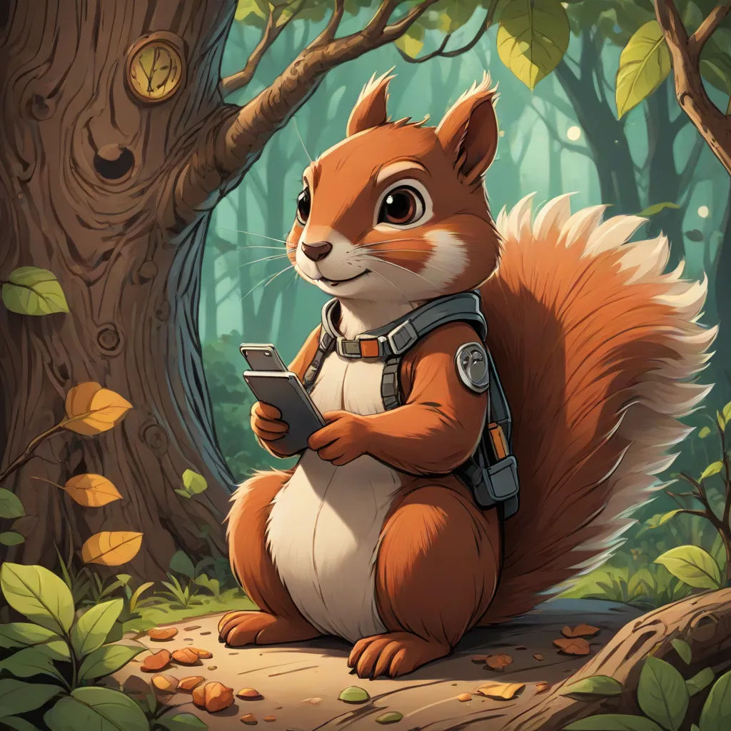 a squirrel with a backpack is holding a tablet in a forest with leaves and trees, and a tree trunk, altermodern, a character portrait, Chris LaBrooy, official art