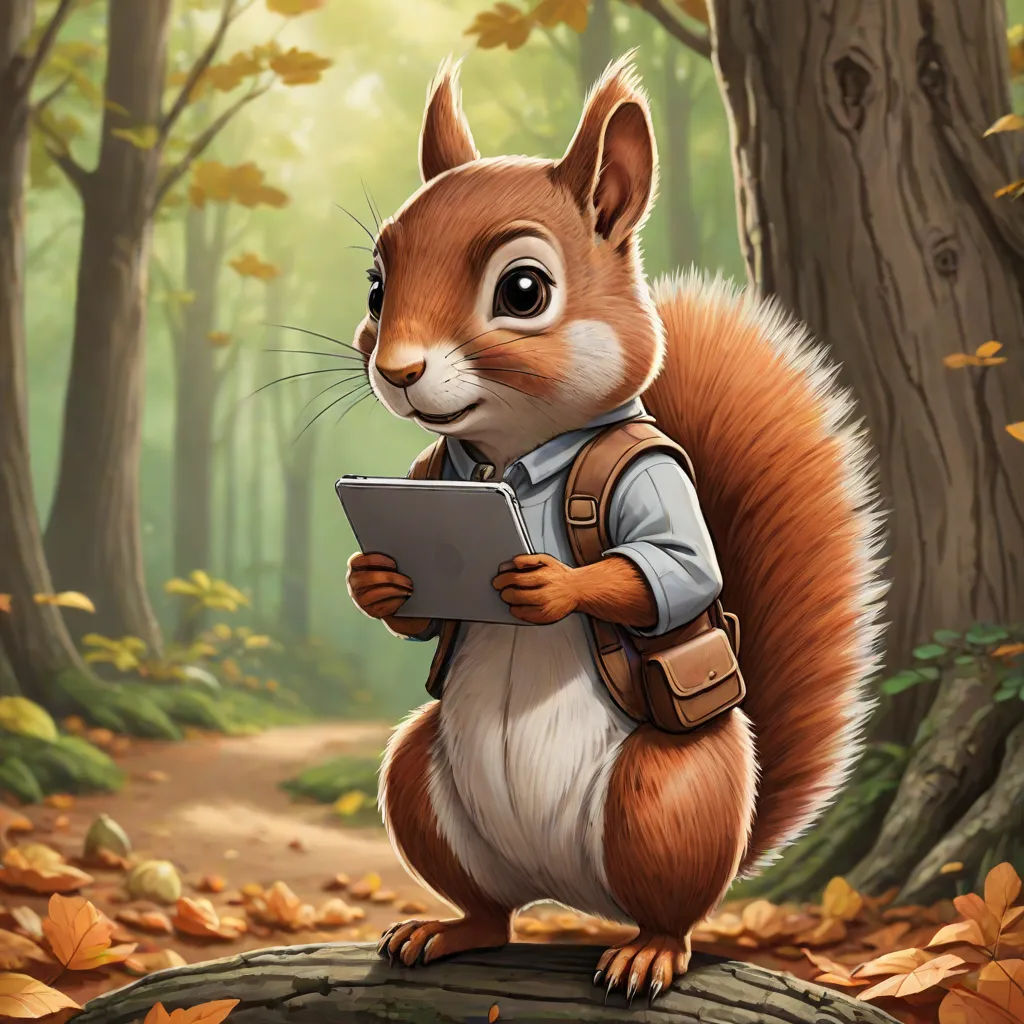 a squirrel with a backpack is holding a tablet in the woods, while standing on a log in the foreground, altermodern, a digital painting, Chris LaBrooy, professional digital painting