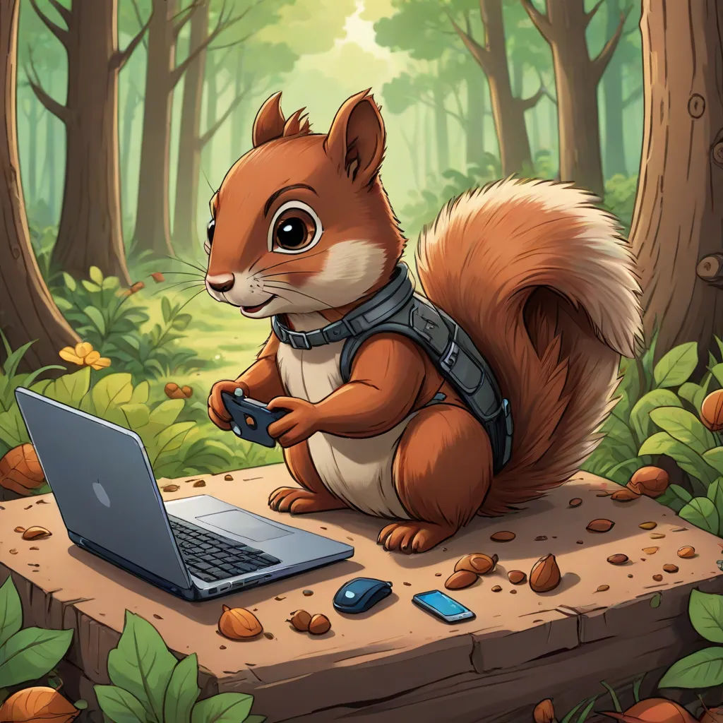 a squirrel sitting on a log with a laptop in the woods behind it, with a mouse and a cell phone in front of it, sots art, computer graphics, Chris LaBrooy, professional digital painting