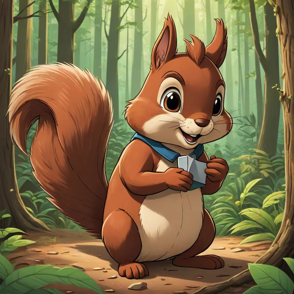 a squirrel holding a piece of paper in a forest with trees and leaves on the ground and a forest background, sots art, a character portrait, Chris LaBrooy, official art