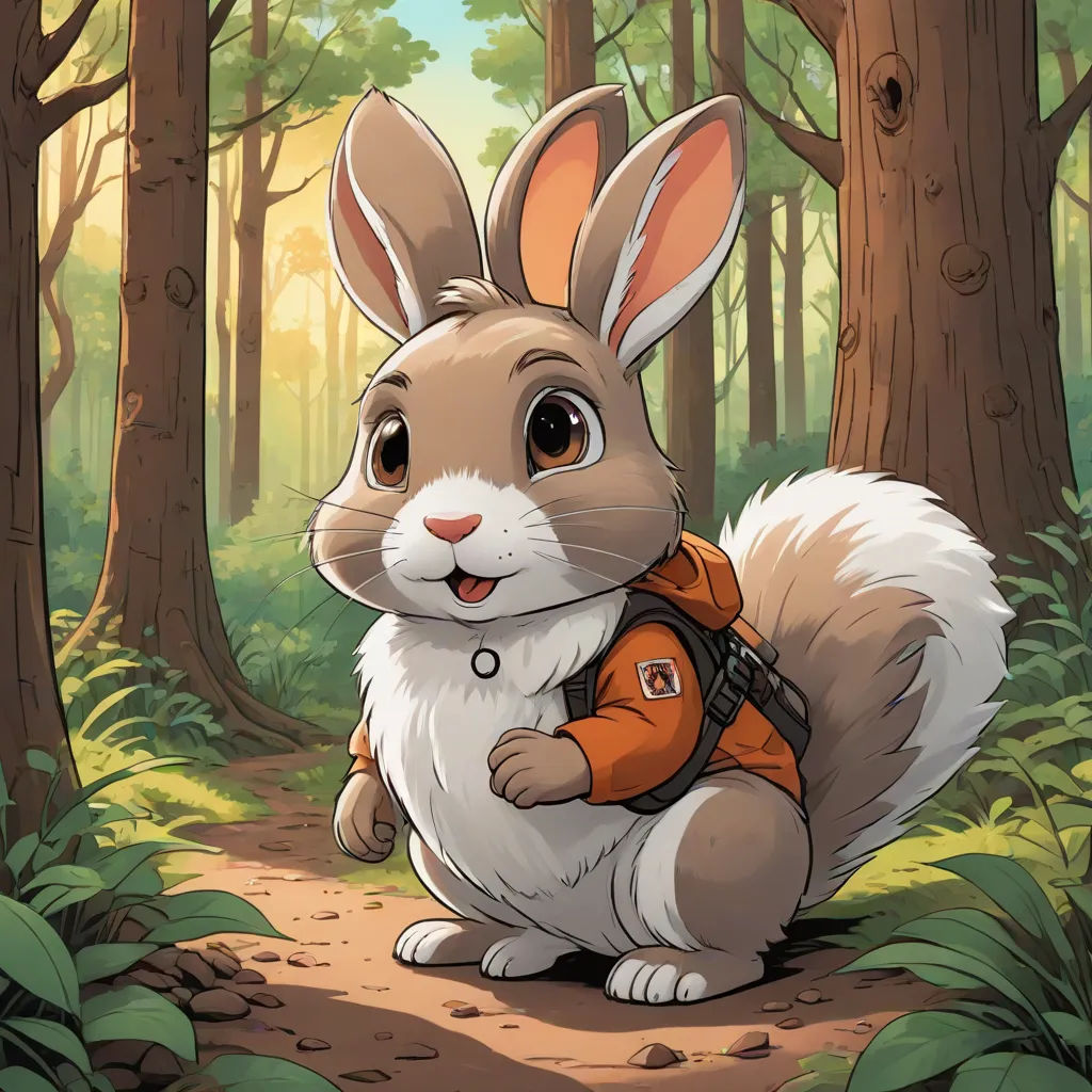 a rabbit with a backpack in the forest with trees and grass behind it, looking up at the camera, furry art, a character portrait, Chris LaBrooy, official art