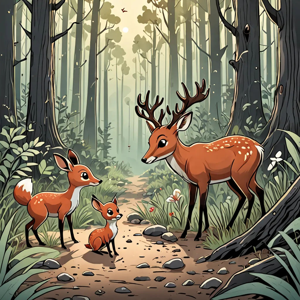a couple of deer standing on a forest trail next to a forest filled with trees and rocks and grass, furry art, a storybook illustration, Dan Mumford, leesha hannigan