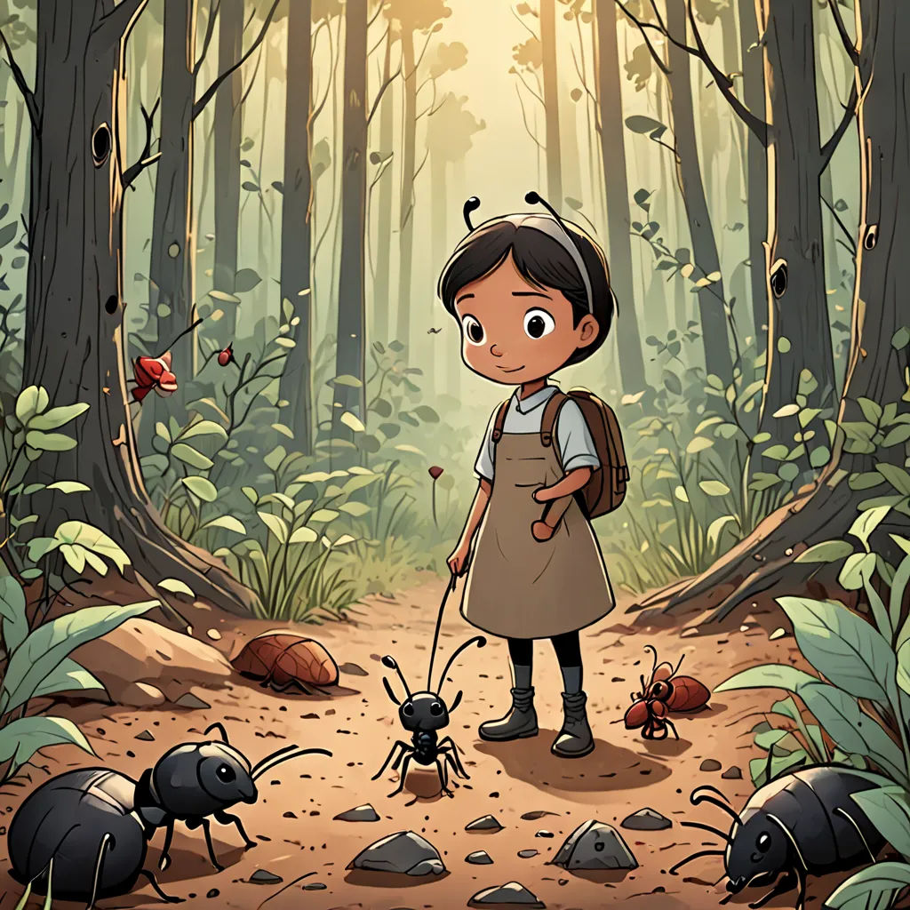 a little girl is standing in the middle of a forest with bugs and a bug on the ground in front of her, neo-primitivism, a storybook illustration, Diego Gisbert Llorens, promotional image