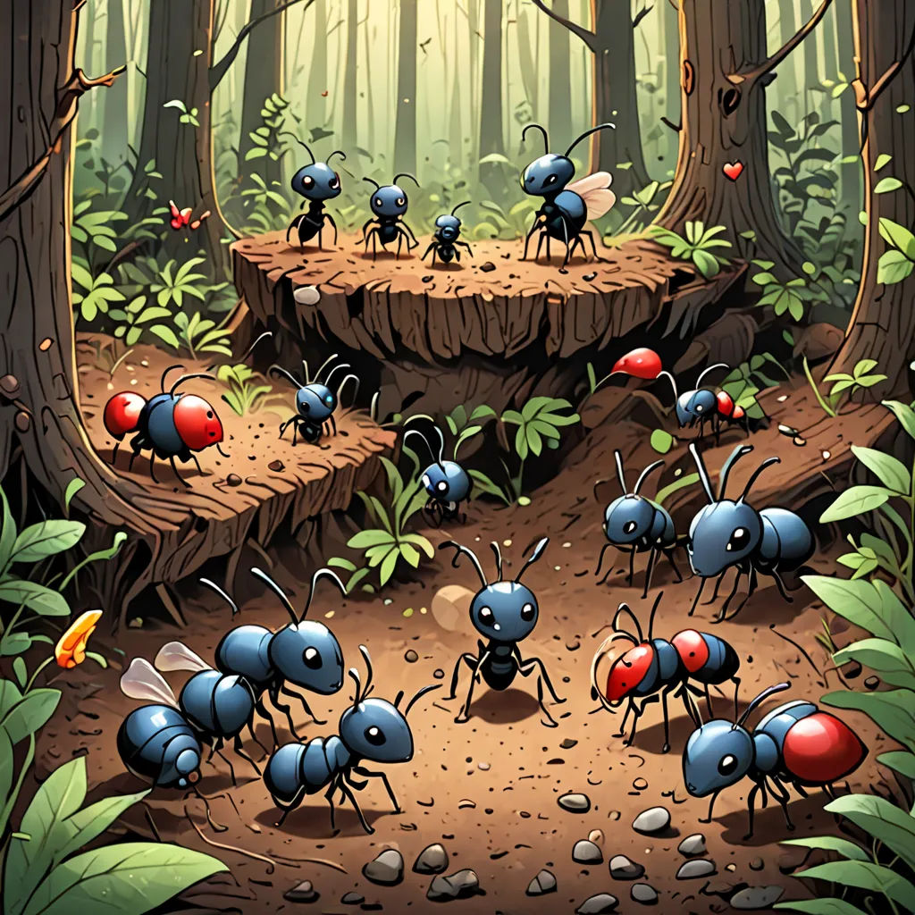 a group of ants in a forest with a forest background and a sunbeam in the background with trees, serial art, a storybook illustration, Craola, 2 d game art