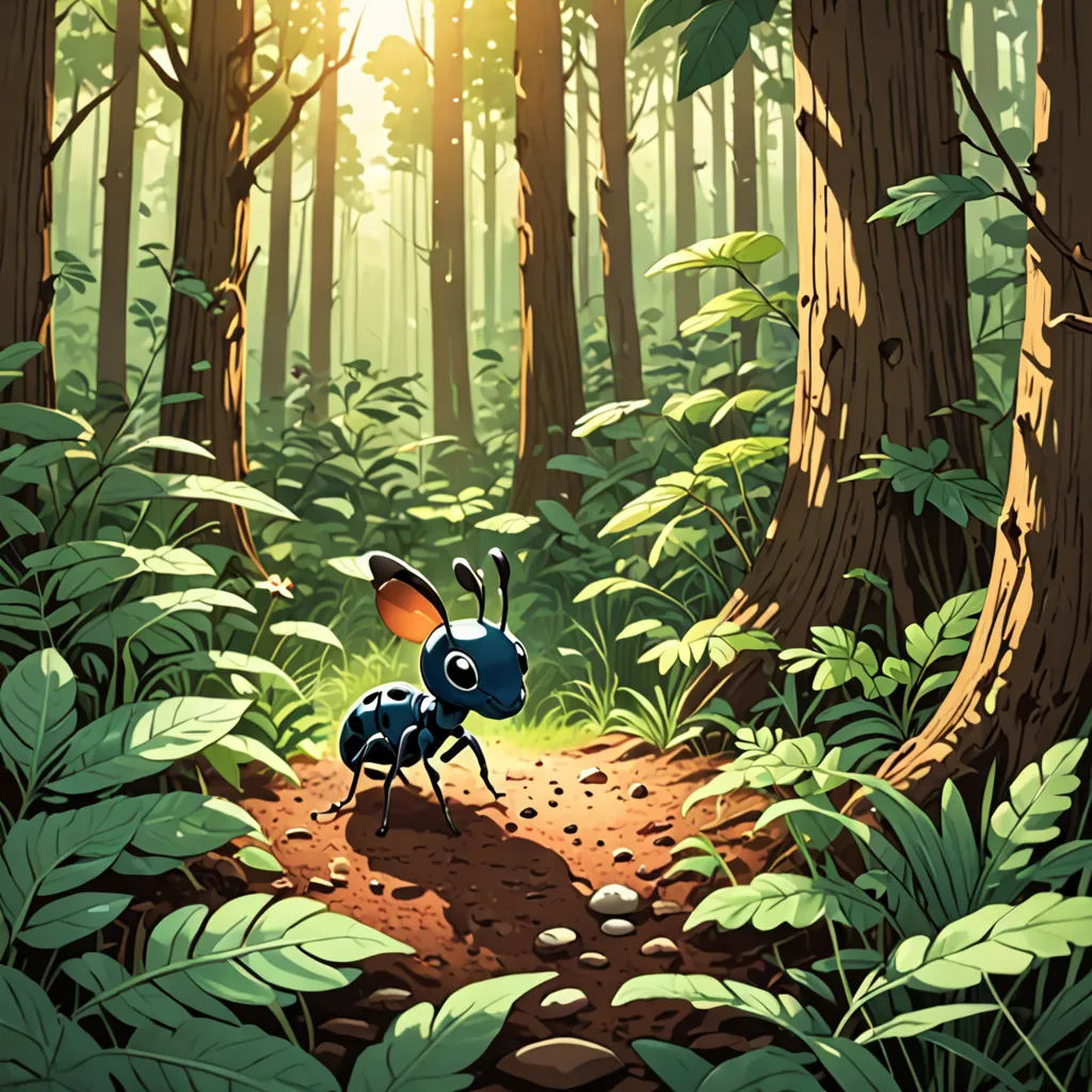 a bug walking through a forest filled with lots of trees and plants on a sunny day with the sun shining through the trees, environmental art, a storybook illustration, Chris LaBrooy, rossdraws global illumination