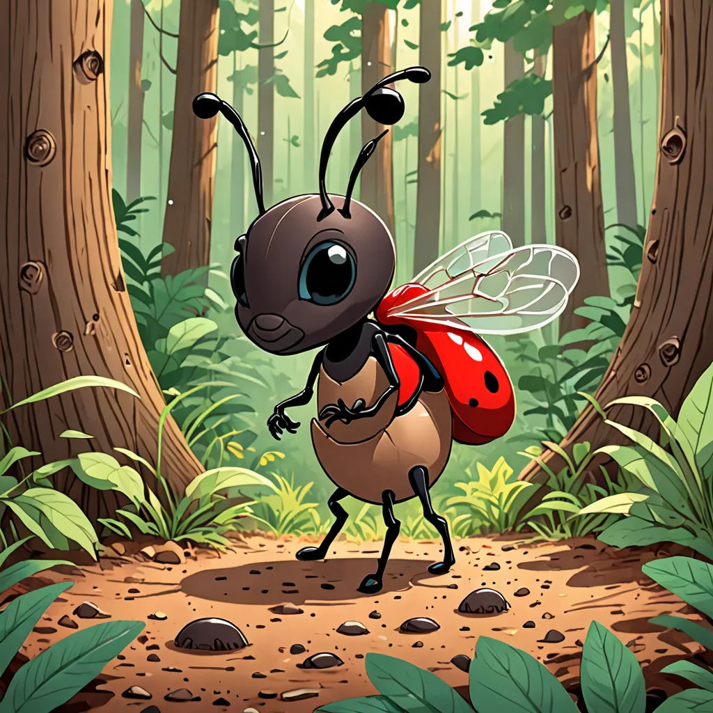 a bug with a red bug on its back standing in a forest with trees and leaves on the ground, sots art, a character portrait, Craola, 2 d game art