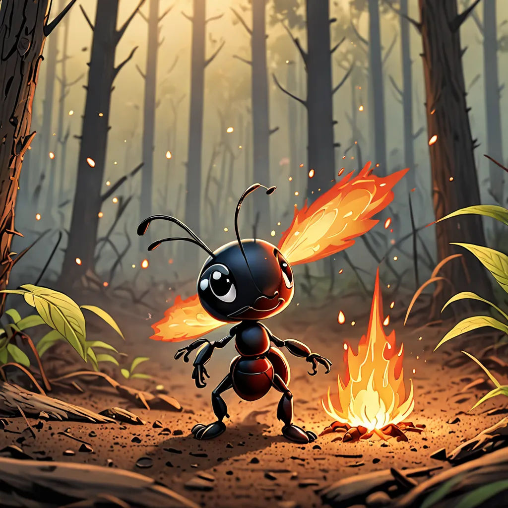 a cartoon ant is standing in the woods near a fire with flames coming out of it's mouth, altermodern, concept art, Chris LaBrooy, magic the gathering artwork