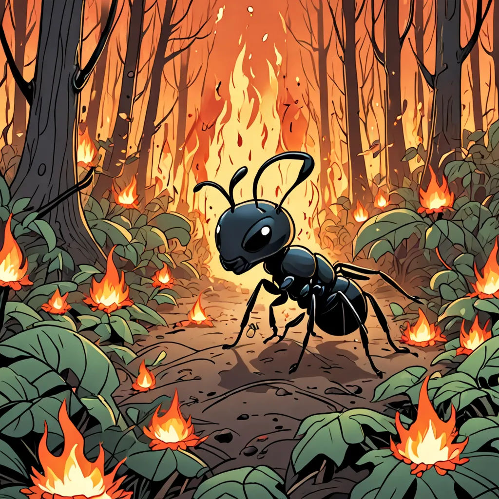 a black ant standing in a forest filled with fire and flames next to a forest filled with leaves and fire, environmental art, a storybook illustration, Asaf Hanuka, fireflies