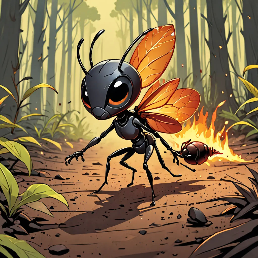 a cartoon ant bug with a fire in the forest with a fireball in its mouth and a fire in its mouth, altermodern, concept art, Craola, magic the gathering artwork