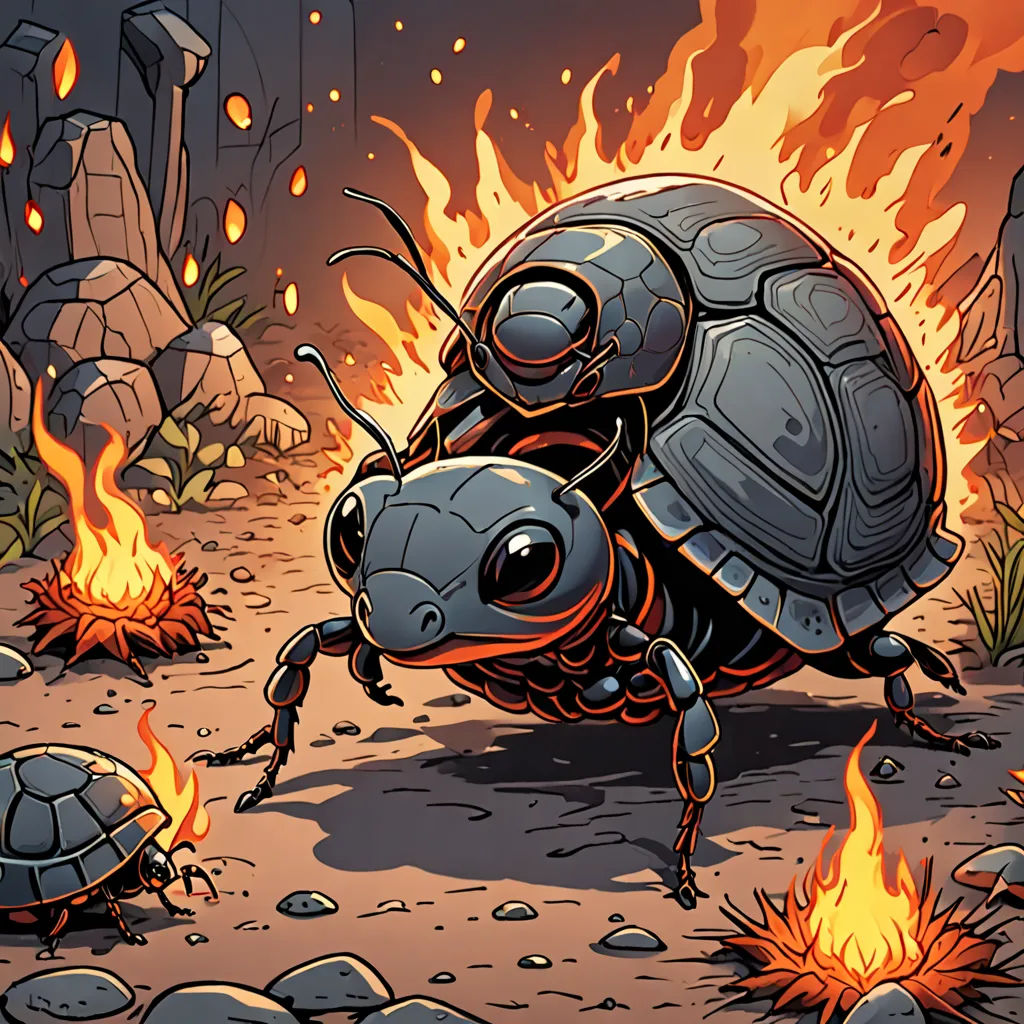 a cartoon of a bug crawling around a fire pit with flames coming out of it's back legs, environmental art, an illustration of, Dan Mumford, josan gonzales and dan mumford