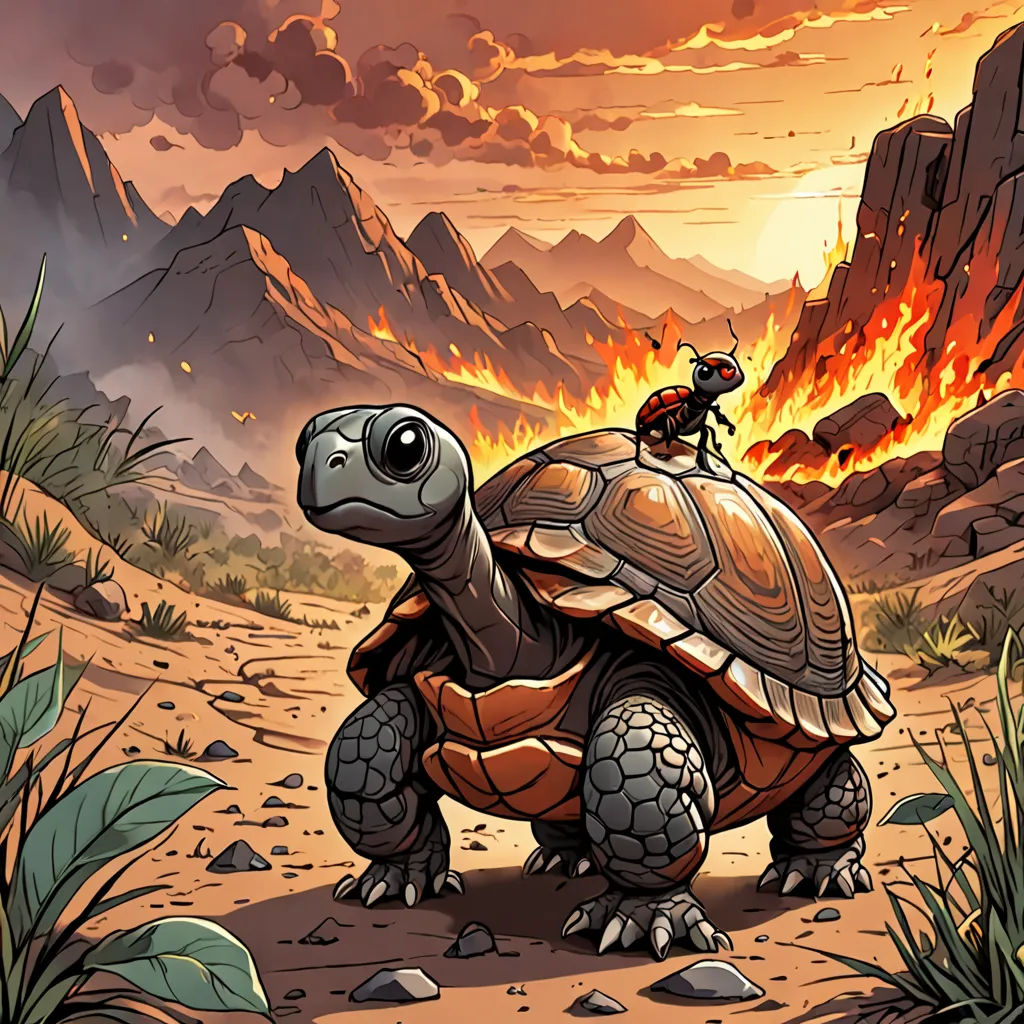 a cartoon turtle with a lady bug on its back riding on top of it's back in the desert, fantasy art, a storybook illustration, Dan Mumford, magic the gathering artwork