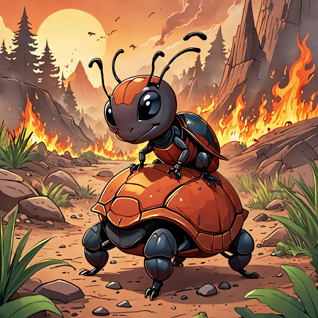 a cartoon of a bug crawling on a turtle in a desert area with a fire in the background and a mountain in the background, altermodern, a character portrait, Craola, magic the gathering artwork