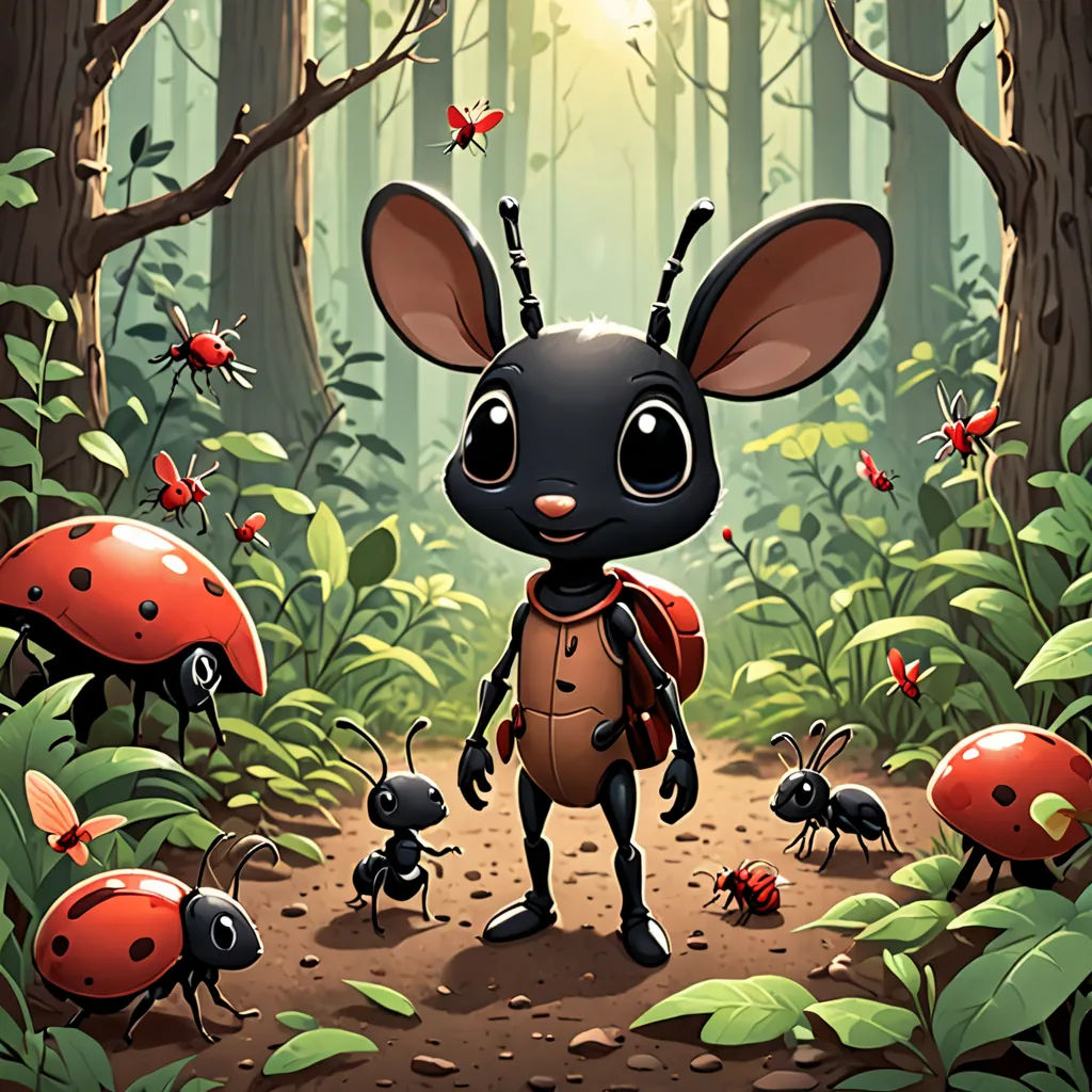 a cartoon of a little bunny with a backpack in the forest surrounded by bugs and ladybugs, with a bright light in the background, sots art, a character portrait, Cliff Childs, key art