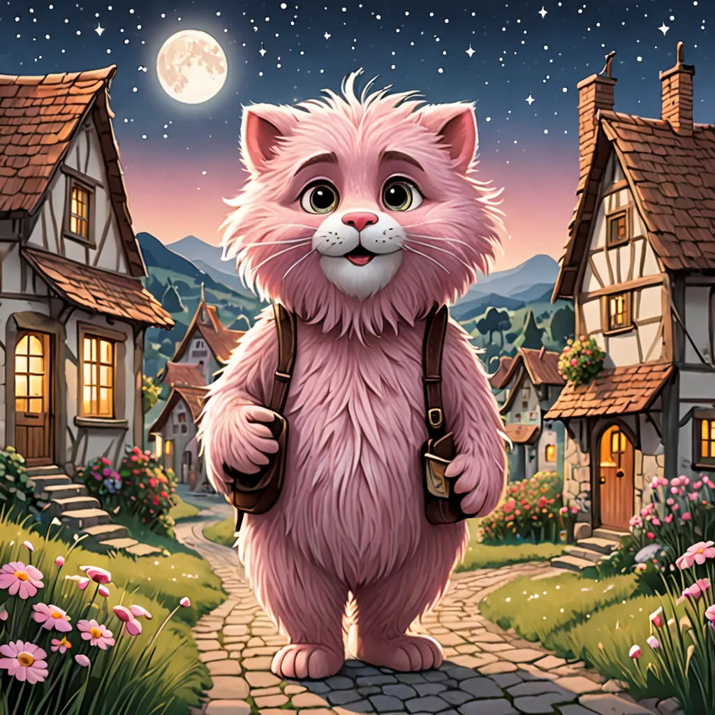 a cat that is standing in the dirt near a house and flowers and a full moon in the sky, fantasy art, a storybook illustration, Chris LaBrooy, storybook illustration