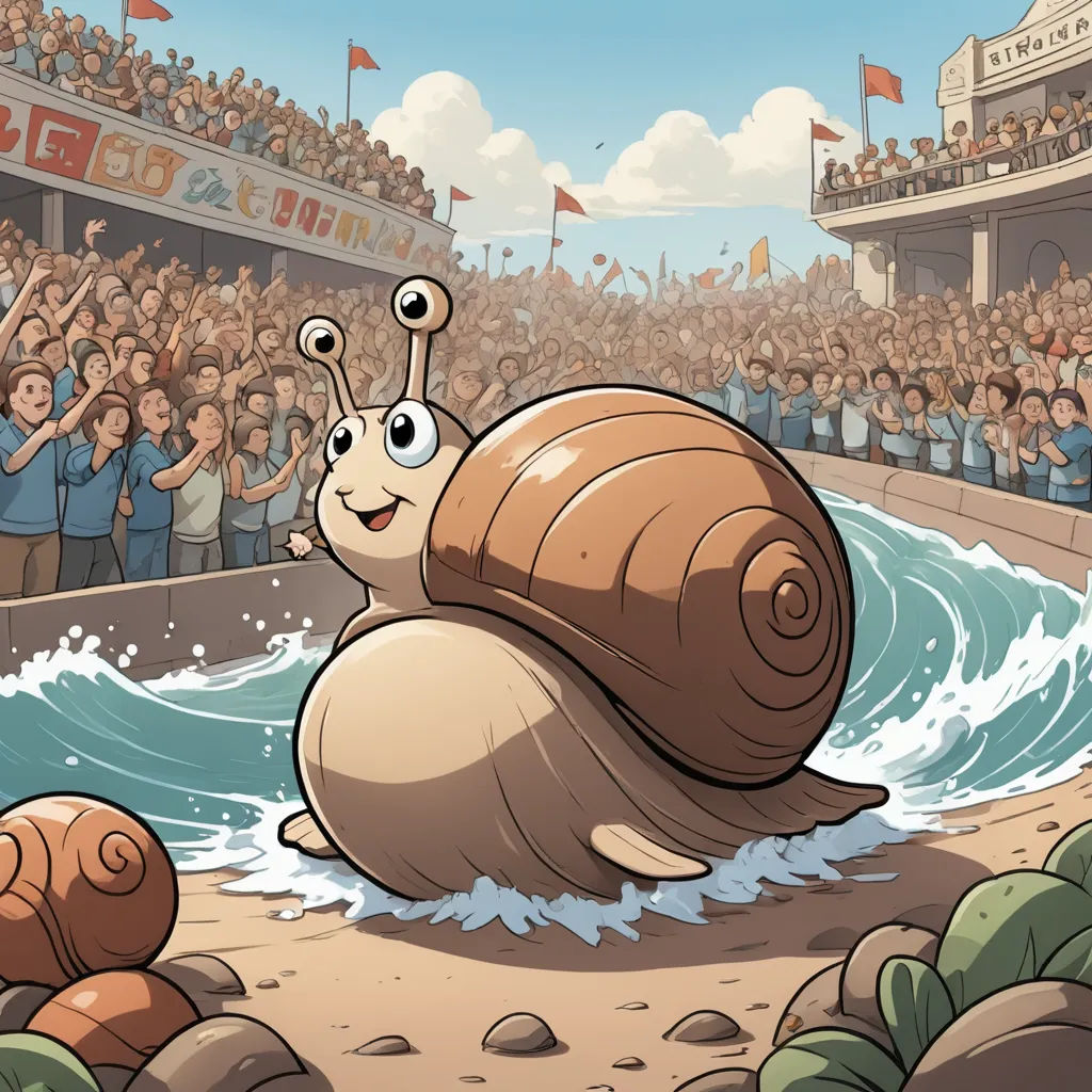 a snail is riding on a large snail in a crowd of people in a stadium with a crowd of people, sots art, a storybook illustration, Cliff Childs, official art