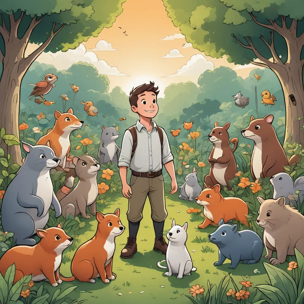 a man standing in a forest surrounded by animals and birds, with a forest background and a man surrounded by animals, furry art, a storybook illustration, Diego Gisbert Llorens, comic cover art