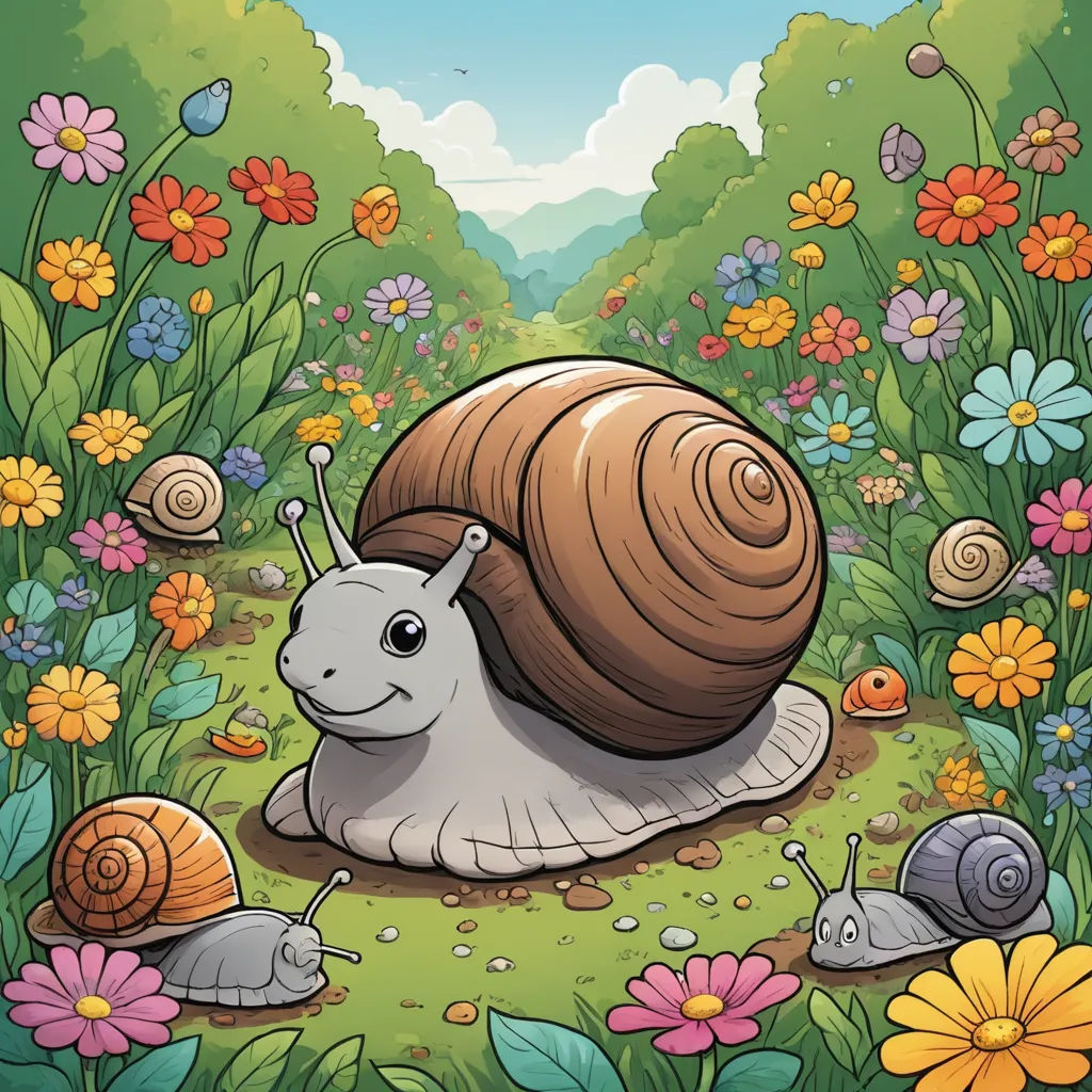 a snail is crawling in a garden of flowers and grass with a snail on it's back end, sots art, a storybook illustration, Chris LaBrooy, game art