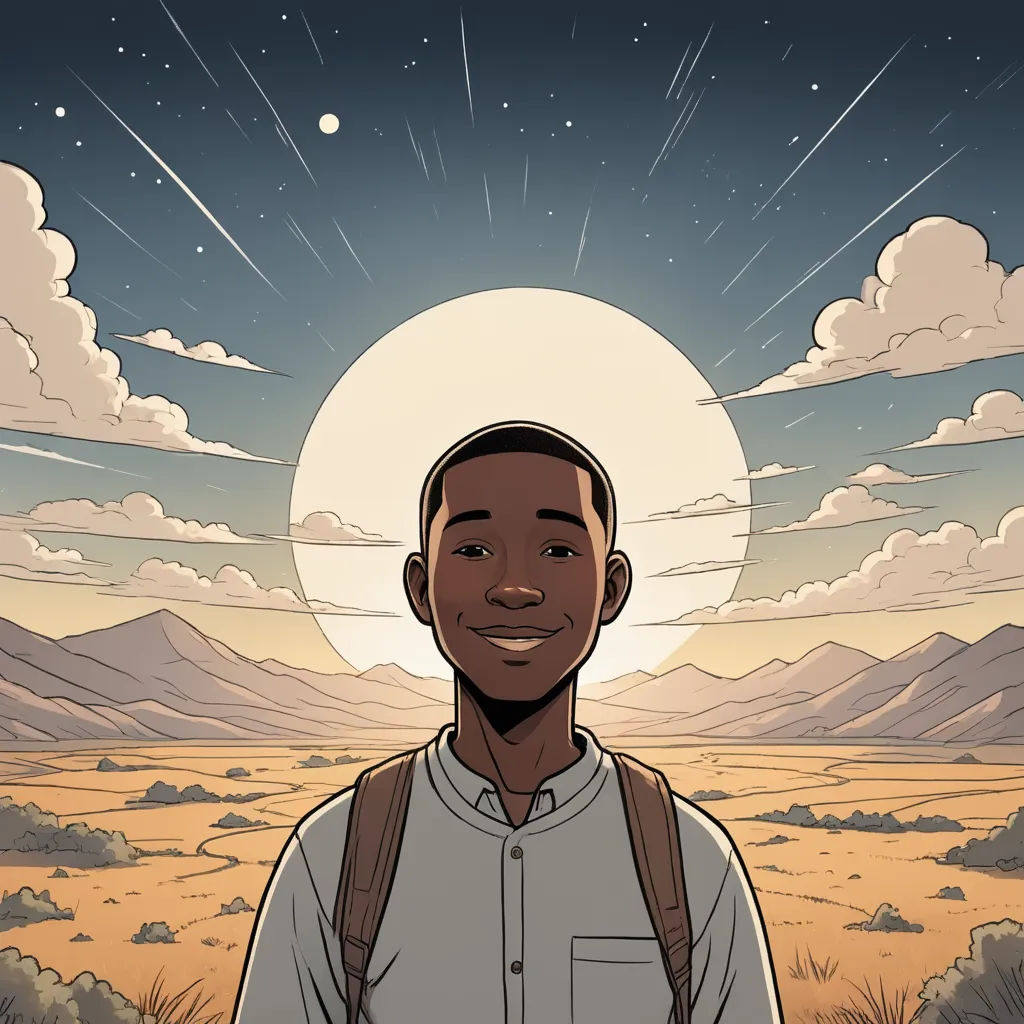 a man standing in front of a desert landscape with a full moon in the background and clouds in the sky, afrofuturism, a character portrait, Asaf Hanuka, comic cover art