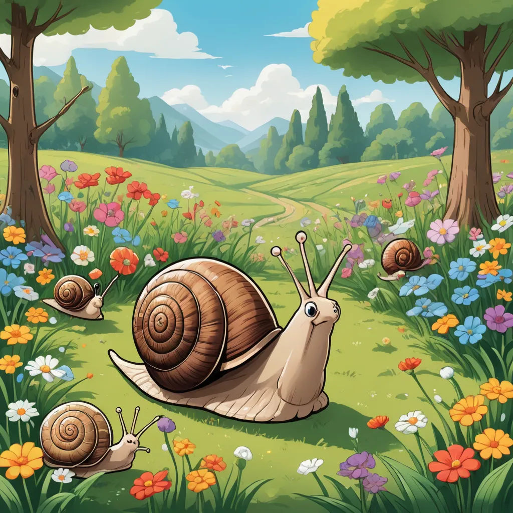 a snail is walking through a field of flowers and trees with a forest in the background and a path leading to the top, environmental art, a storybook illustration, Craola, game art