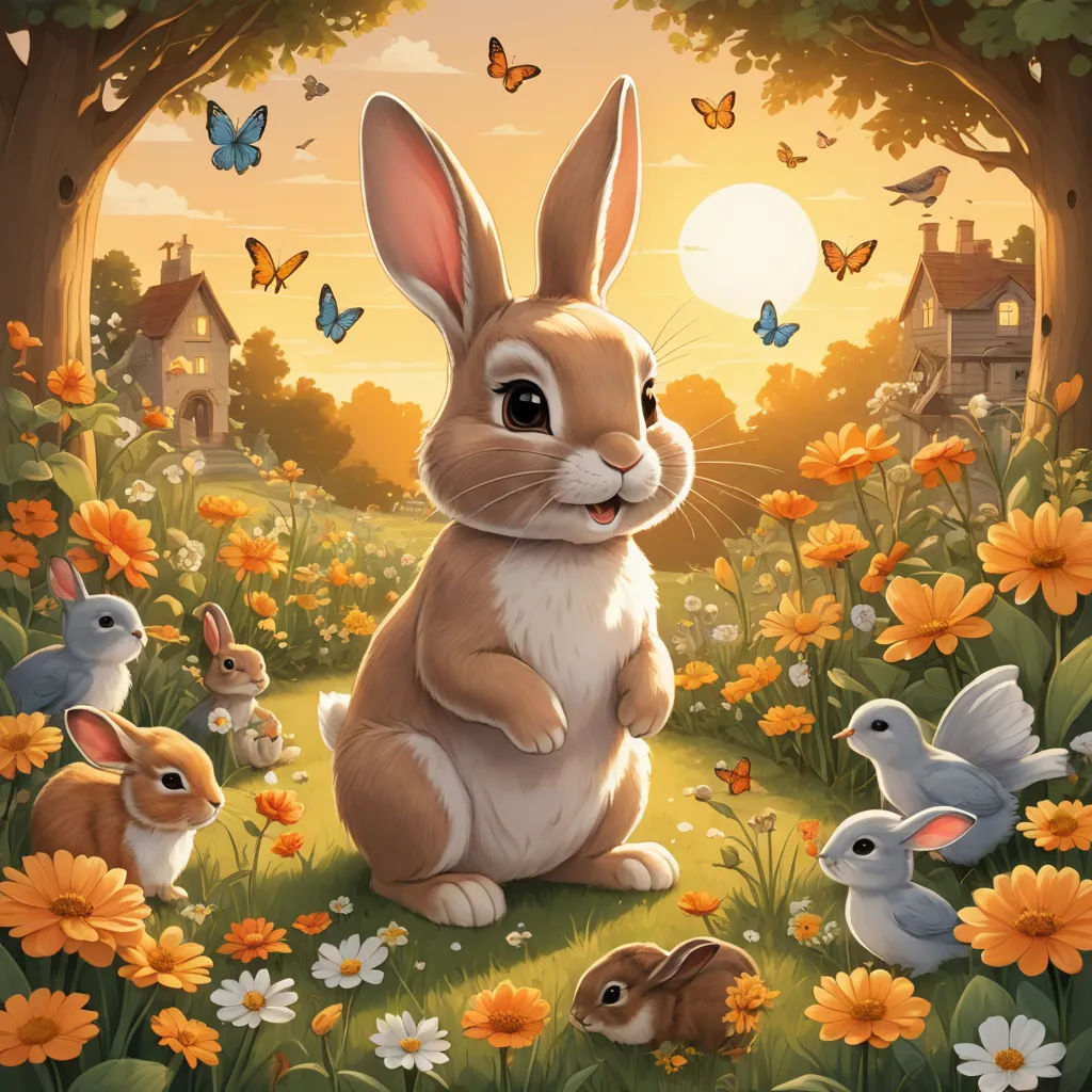 a painting of a rabbit surrounded by rabbits in a field of flowers and butterflies with a house in the background, furry art, a detailed painting, Chris LaBrooy, rossdraws global illumination