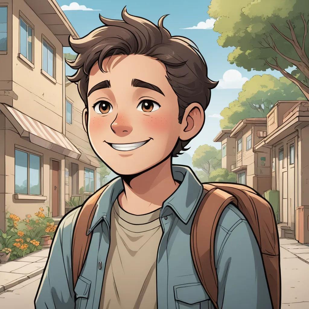 a cartoon of a man with a backpack on a street with buildings in the background and trees in the foreground, sots art, a character portrait, Cedric Seaut (Keos Masons), character portrait