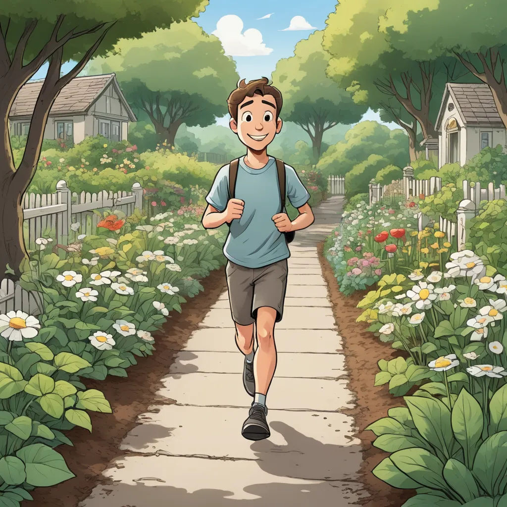 a man running down a path in a park with flowers and trees on both sides of the path is a white picket fence, environmental art, a storybook illustration, Anson Maddocks, promotional image