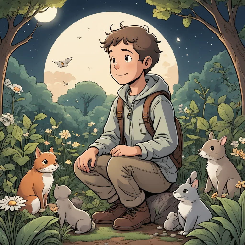 a man sitting in the woods with many animals around him and a full moon in the background with a butterfly flying overhead, furry art, a storybook illustration, Cedric Seaut (Keos Masons), comic cover art