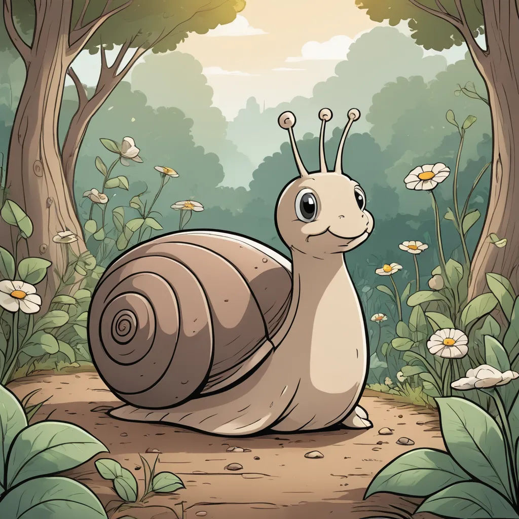a snail is sitting in the middle of a forest with flowers and trees around it, and a sun shining through the trees, sots art, a character portrait, Craola, storybook illustration
