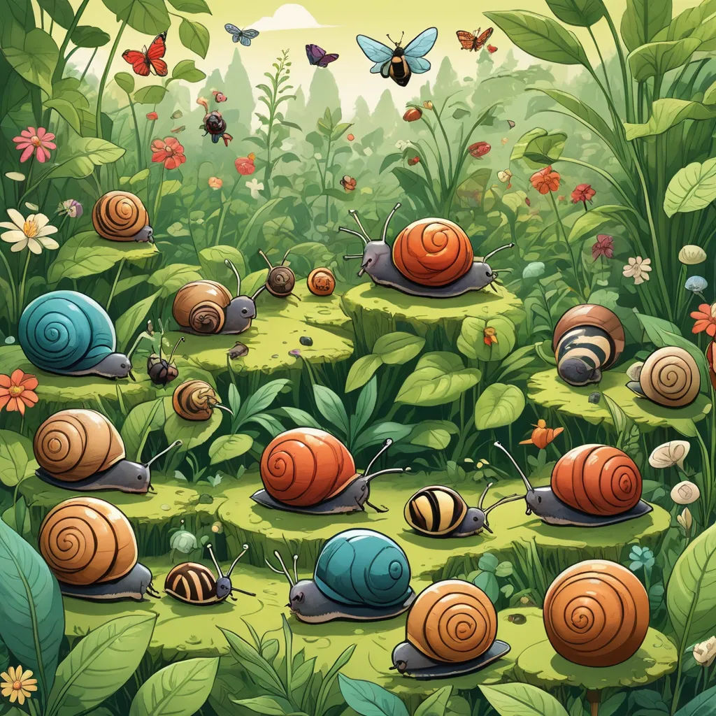 a group of snails crawling in a garden of flowers and grass with butterflies flying overhead in the background of the picture, ecological art, a storybook illustration, Chris LaBrooy, detailed illustration