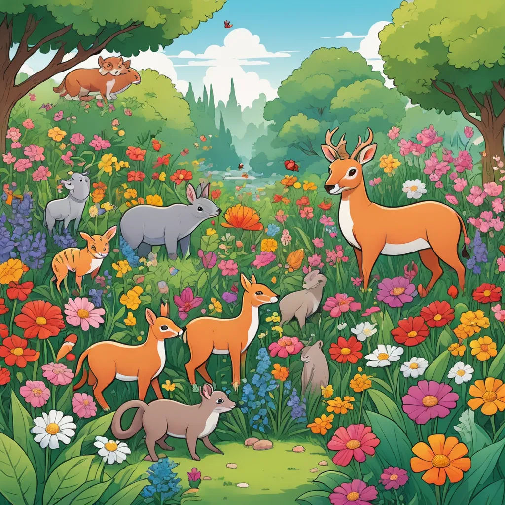 a painting of a forest with animals and flowers in it's foreground and a castle in the background, naive art, a storybook illustration, Chris LaBrooy, nature