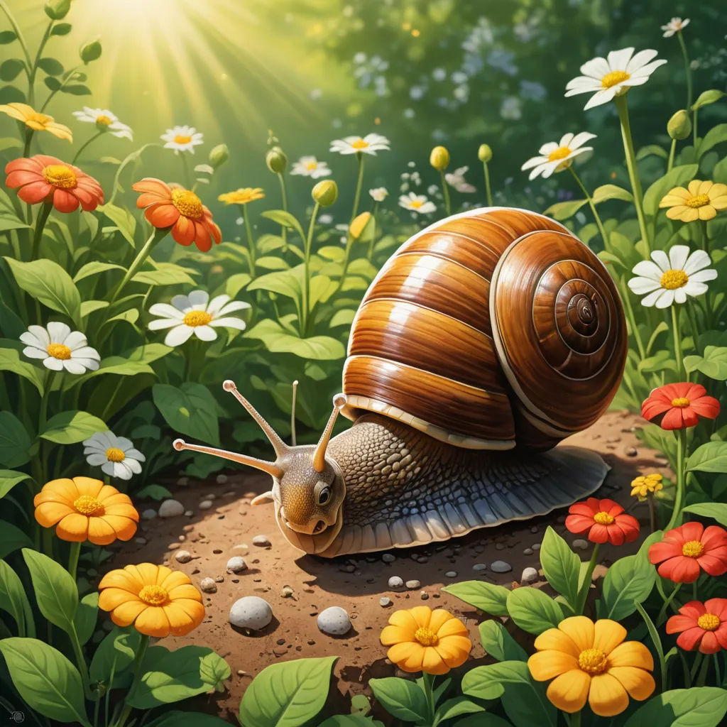 a snail is sitting on a rock in a field of flowers and daisies with the sun shining behind it, fantasy art, a digital painting, Chris LaBrooy, highly detailed digital painting