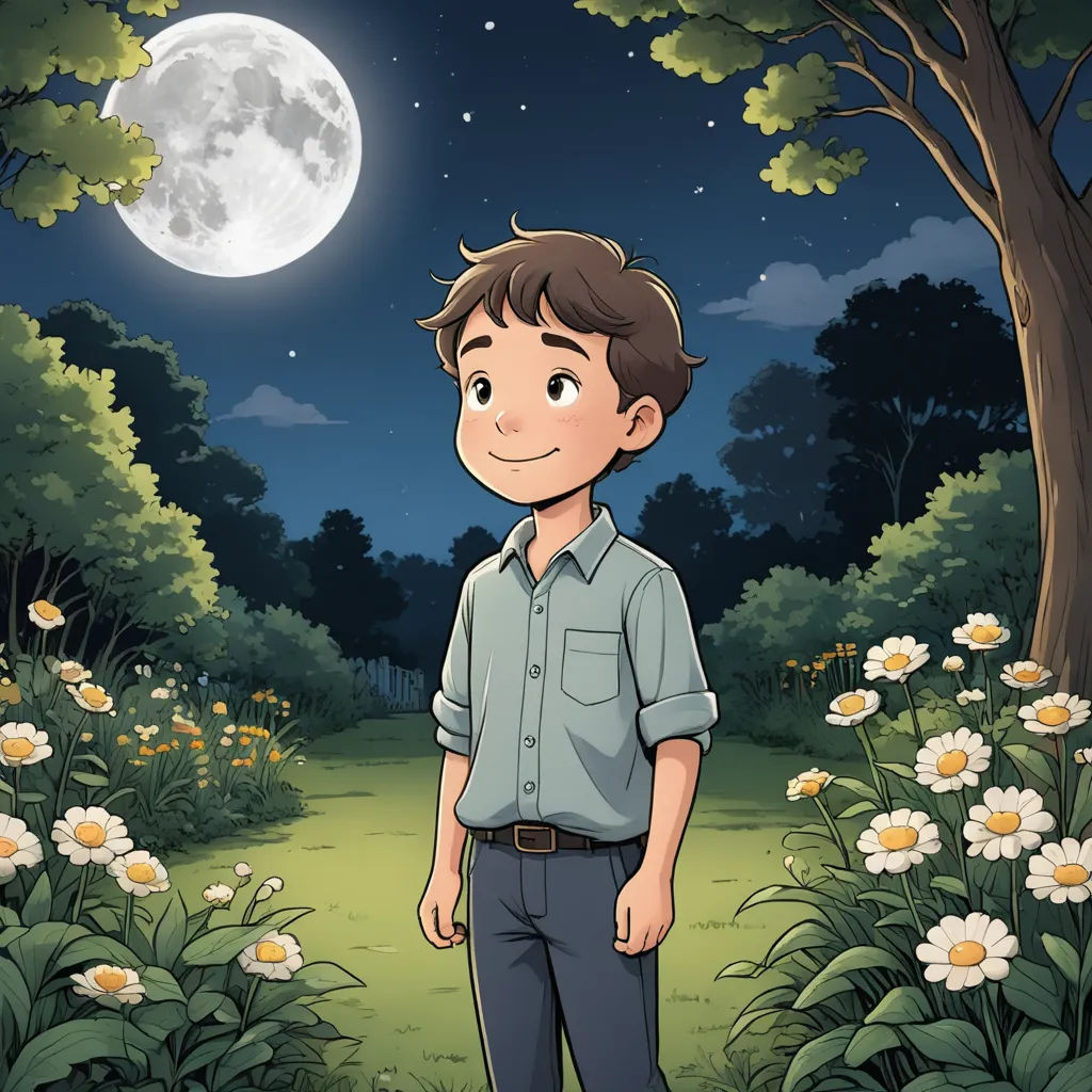 a boy standing in a field of flowers under a full moon with a full moon in the background and a tree, space art, a storybook illustration, Cliff Childs, storybook illustration