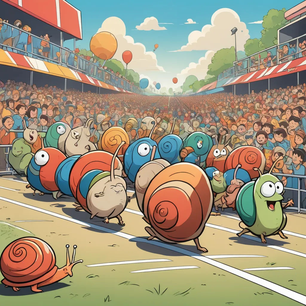a group of snails running across a tennis court with spectators in the background in a cartoon style, with a sky background, sots art, a storybook illustration, Chris LaBrooy, 2 d game art