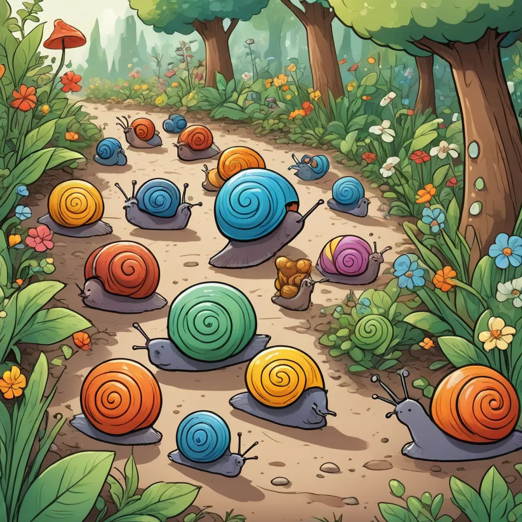 a group of snails walking through a forest filled with flowers and trees, with a bear in the background, psychedelic art, a storybook illustration, Chris LaBrooy, 2 d game art